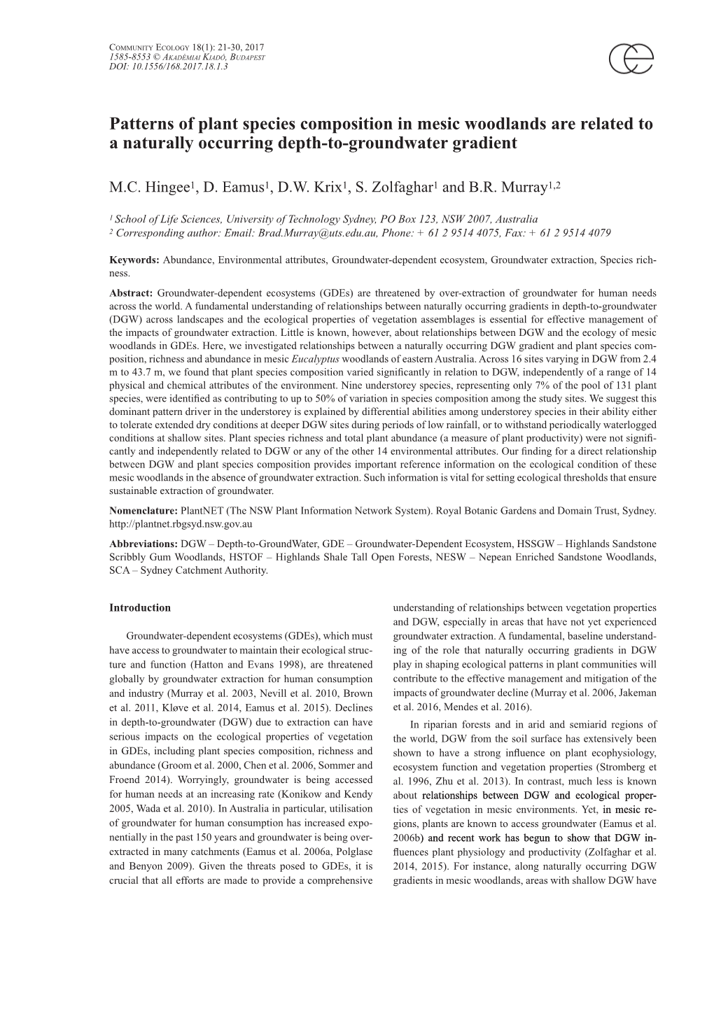 Patterns of Plant Species Composition in Mesic Woodlands Are Related to a Naturally Occurring Depth-To-Groundwater Gradient