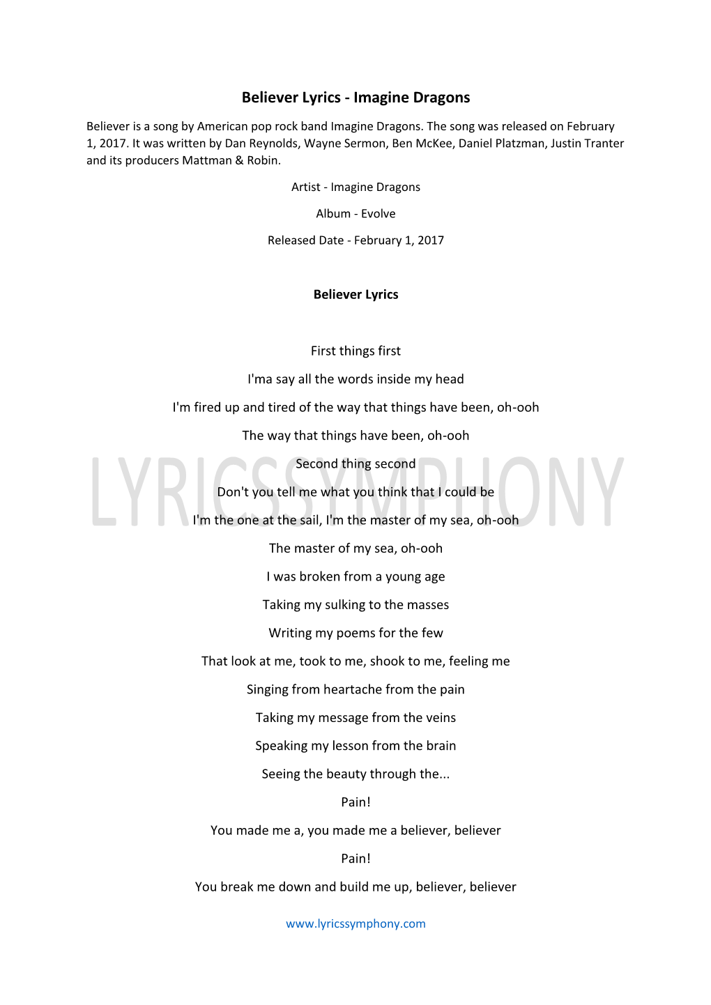 Believer Lyrics - Imagine Dragons