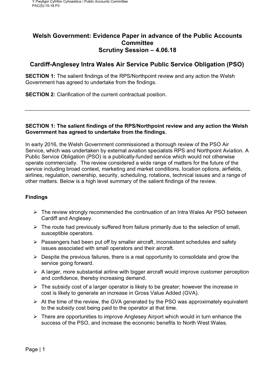 Welsh Government: Evidence Paper in Advance of the Public Accounts Committee Scrutiny Session – 4.06.18 Cardiff-Anglesey Intra