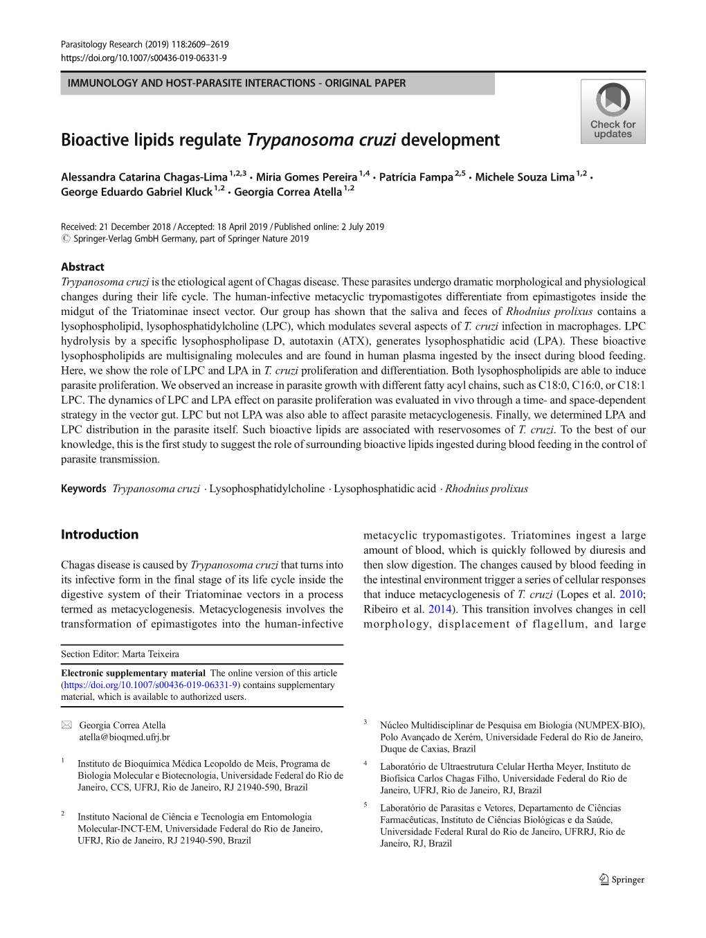 Bioactive Lipids Regulate Trypanosoma Cruzi Development