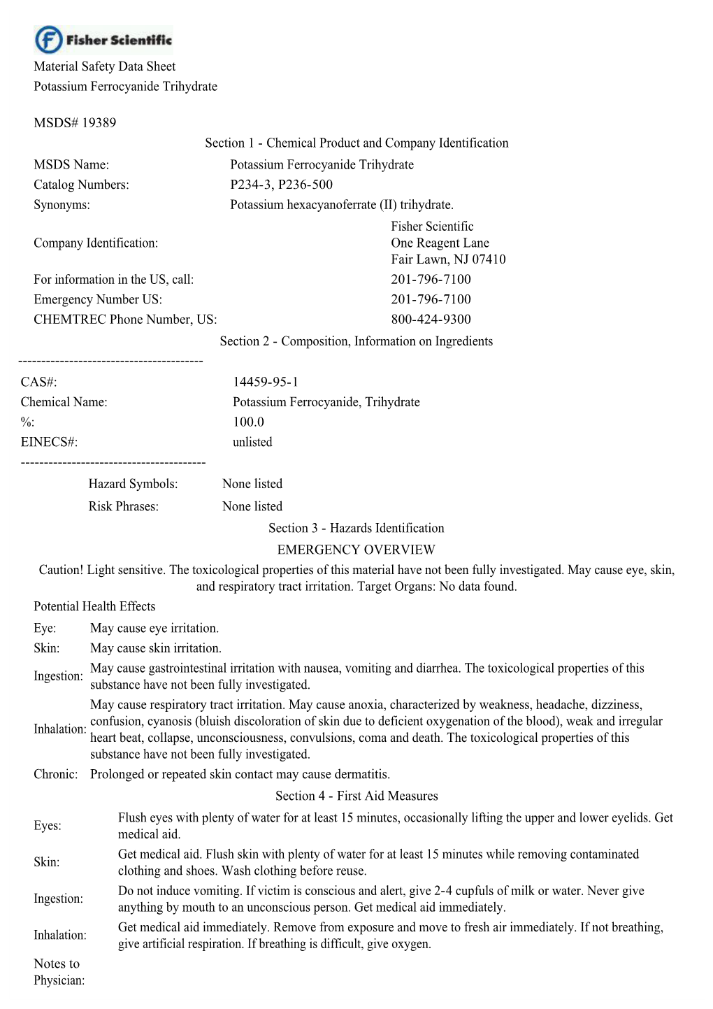 Material Safety Data Sheet Potassium Ferrocyanide Trihydrate MSDS