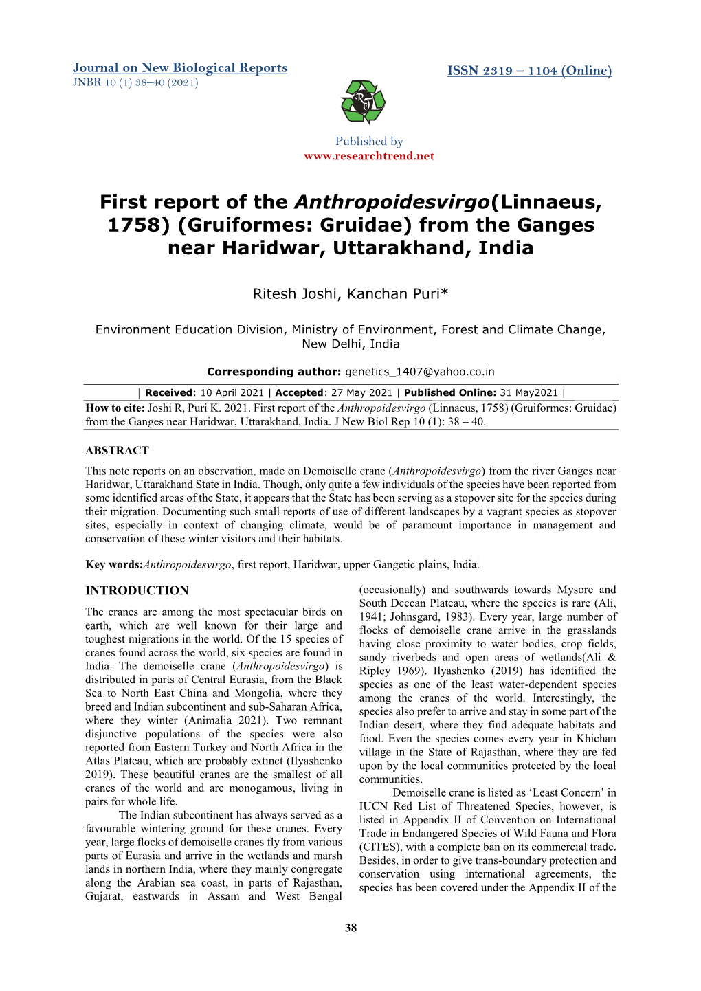 First Report of the Anthropoidesvirgo(Linnaeus, 1758) (Gruiformes: Gruidae) from the Ganges Near Haridwar, Uttarakhand, India