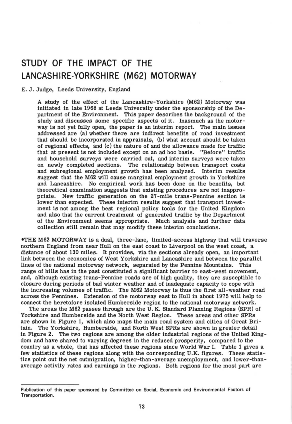 Study of the Impact of the Lancashire-Yorkshire (M62) Motorway E