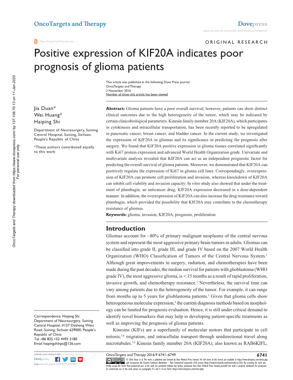 Positive Expression of KIF20A Indicates Poor Prognosis of Glioma Patients Open Access to Scientific and Medical Research DOI: 115974