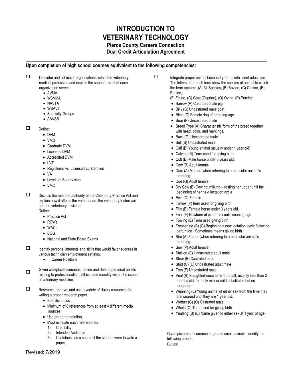 INTRODUCTION to VETERINARY TECHNOLOGY Pierce County Careers Connection Dual Credit Articulation Agreement