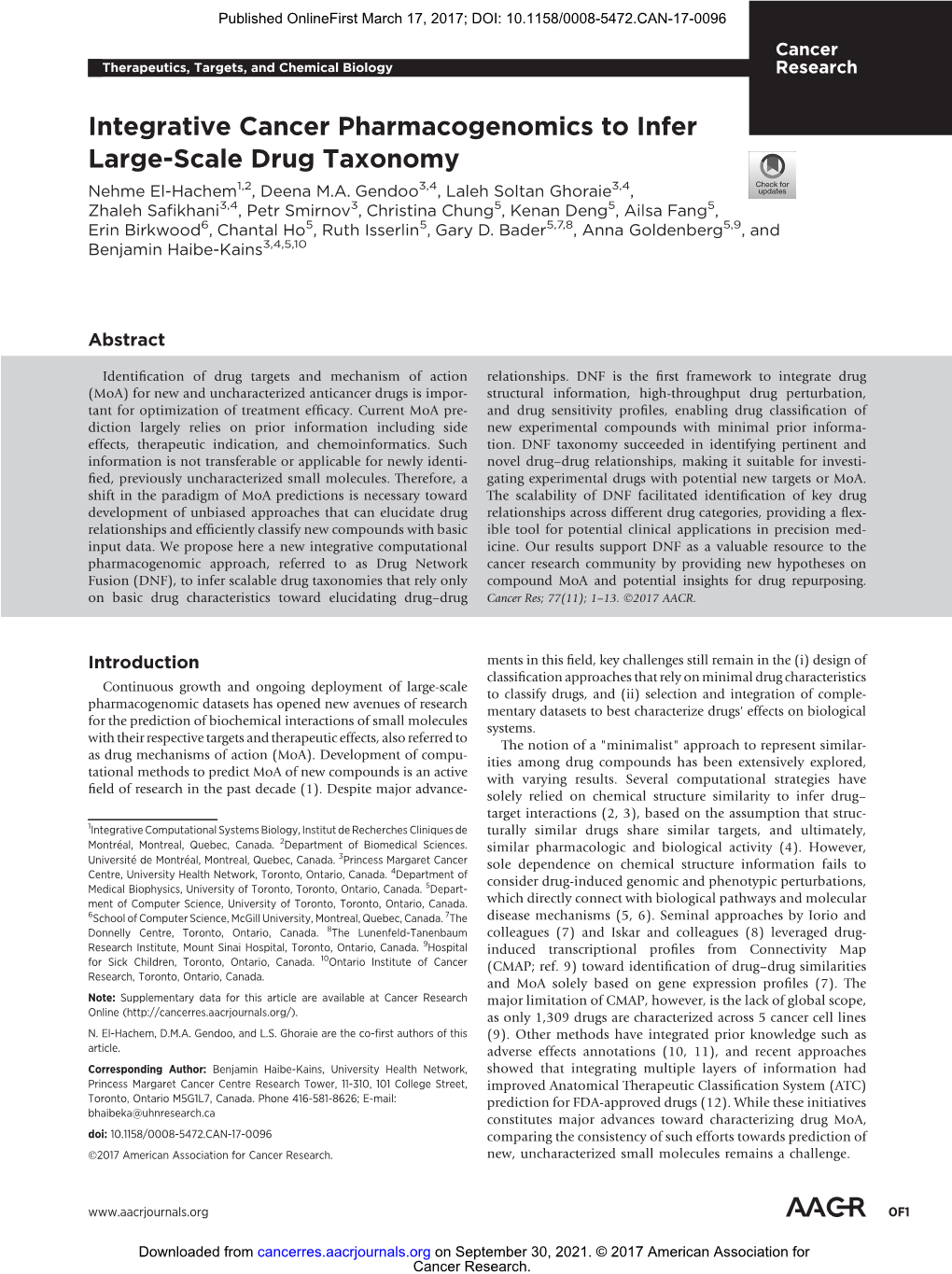 Integrative Cancer Pharmacogenomics to Infer Large-Scale Drug Taxonomy Nehme El-Hachem1,2, Deena M.A