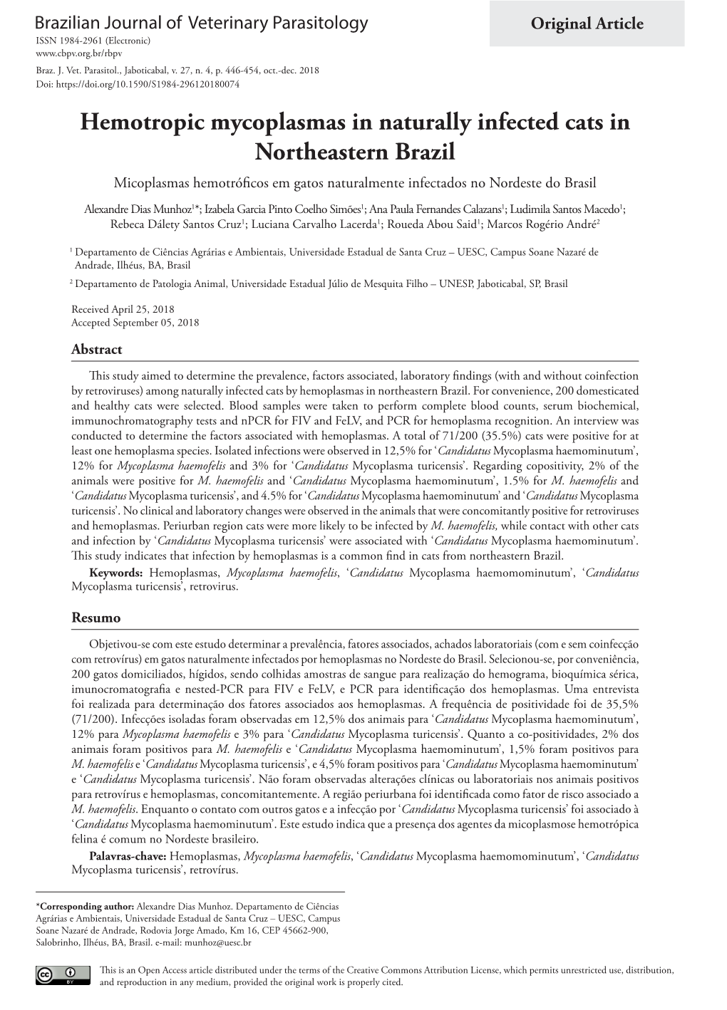 Hemotropic Mycoplasmas in Naturally Infected Cats in Northeastern Brazil