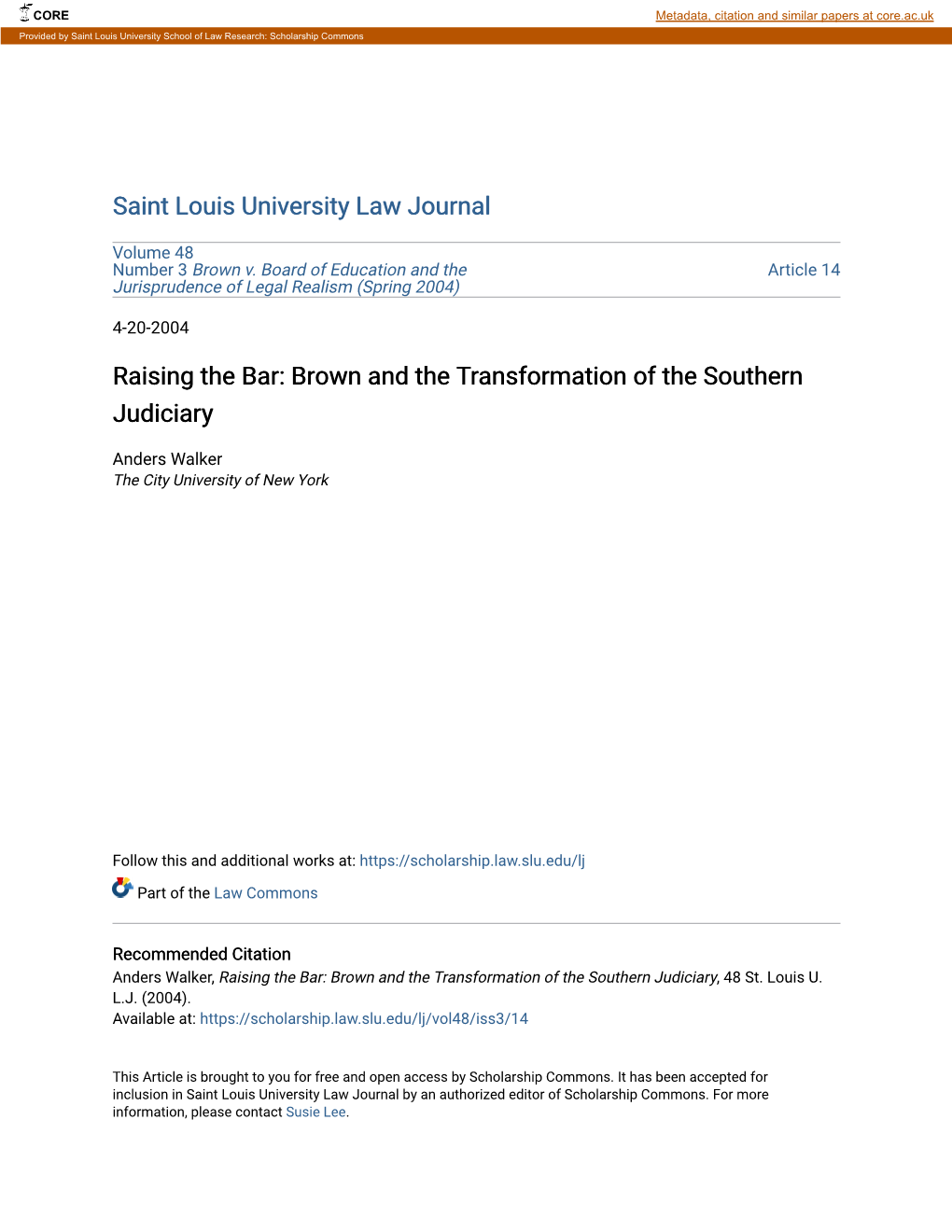 Raising the Bar: Brown and the Transformation of the Southern Judiciary