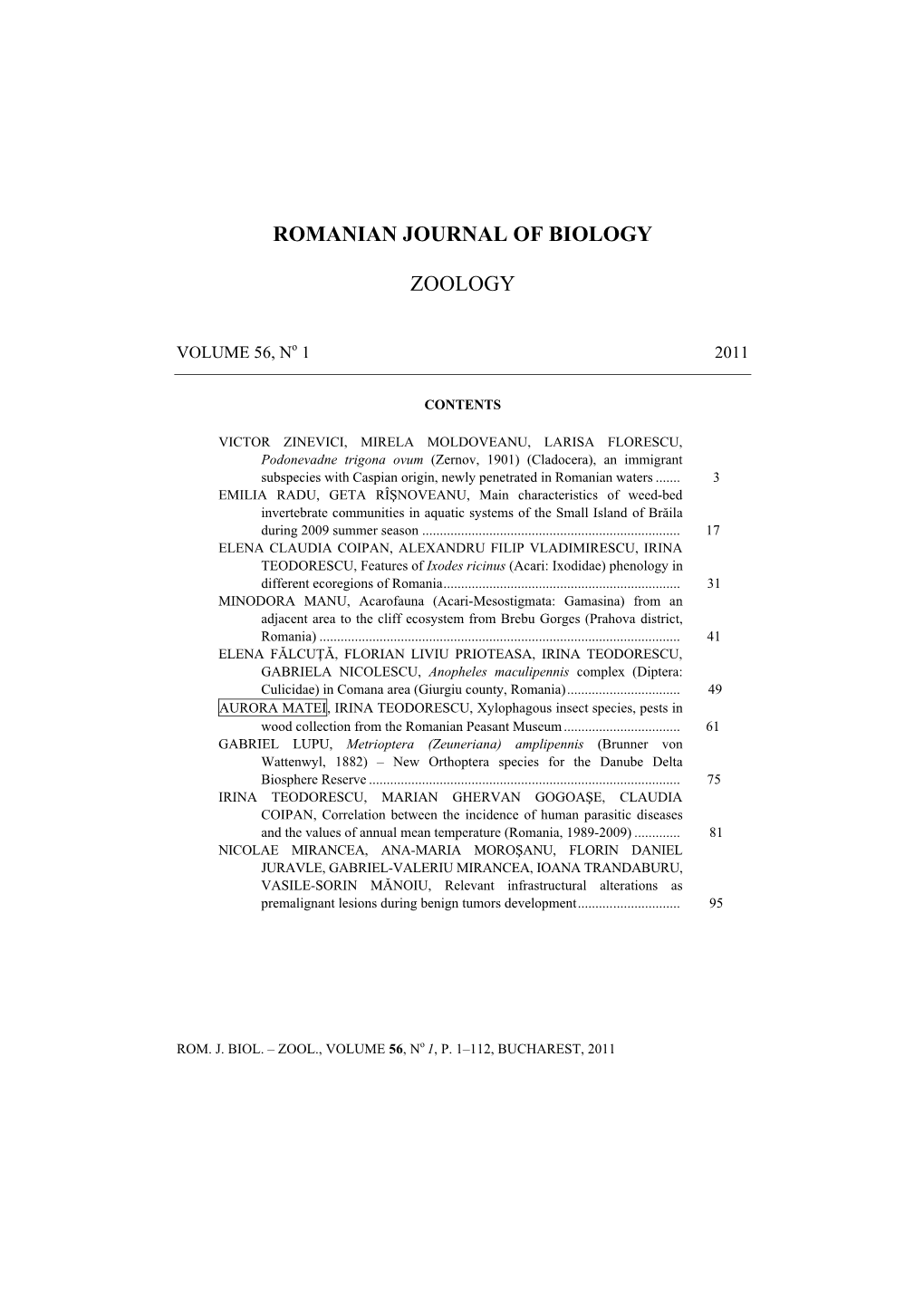 Romanian Journal of Biology Zoology