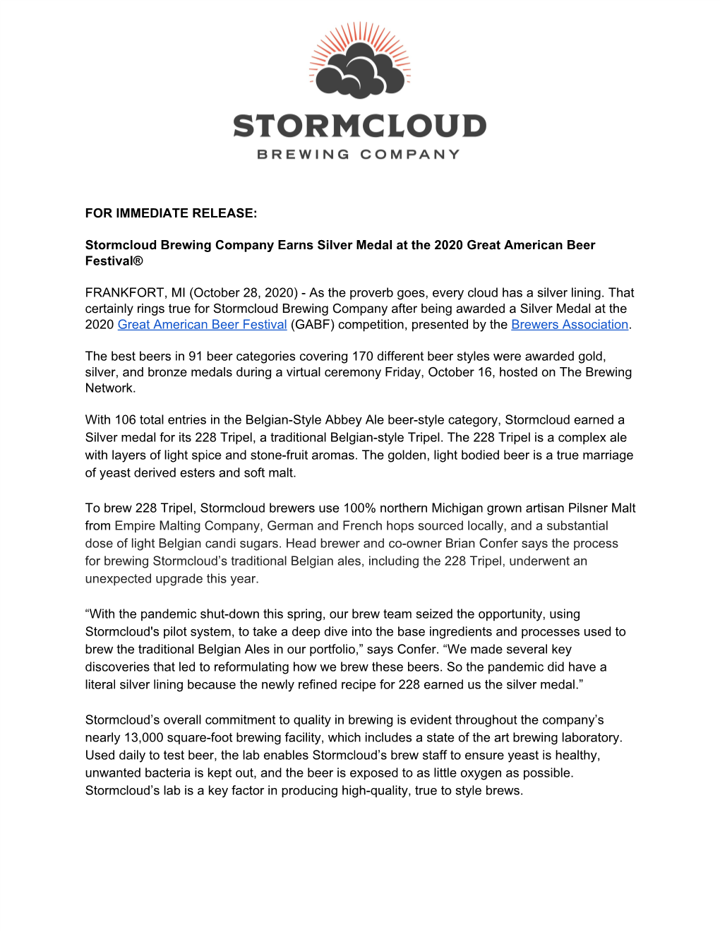 Stormcloud Brewing Company Earns Silver Medal at the 2020 Great American Beer Festival®