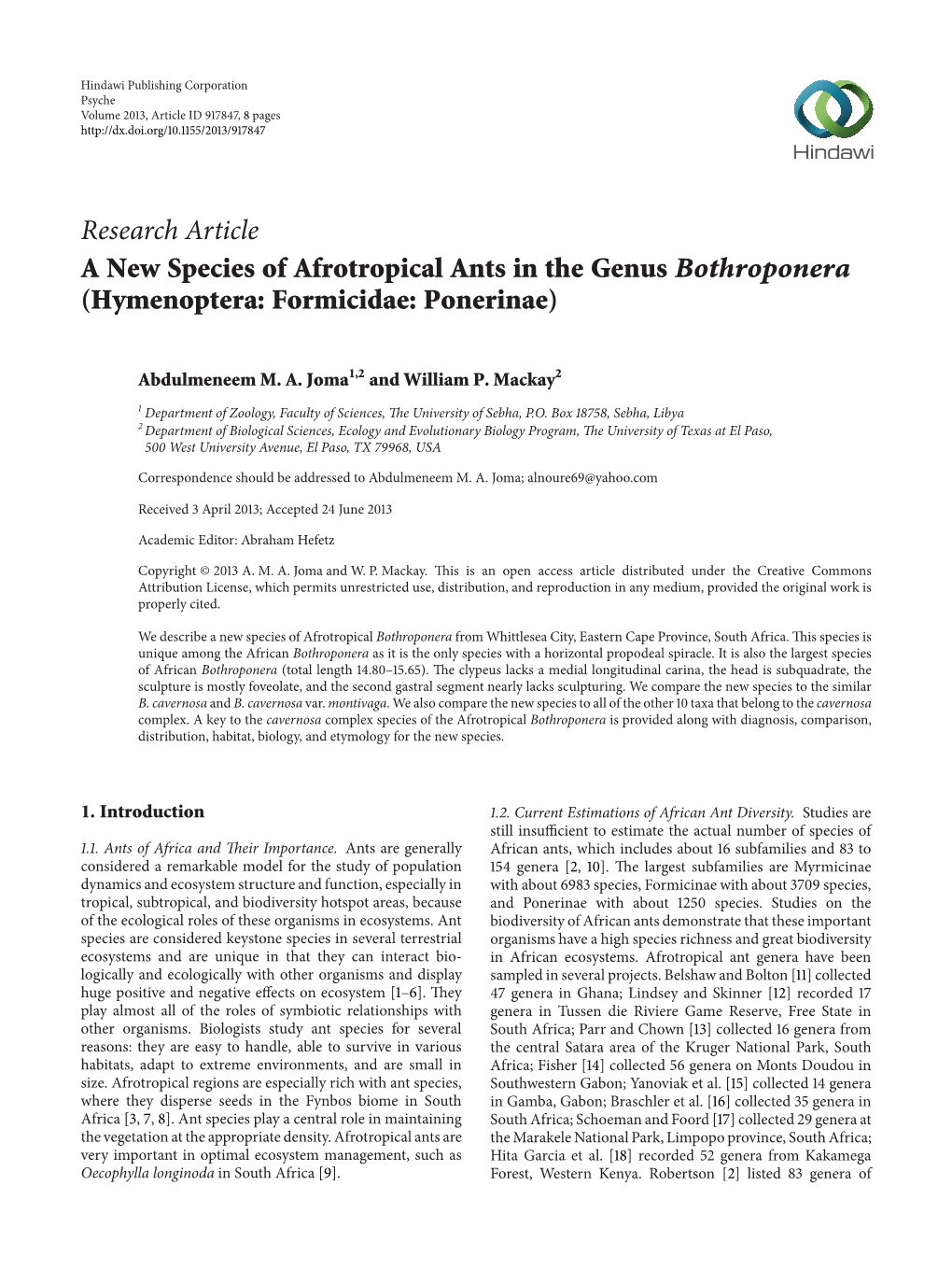 A New Species of Afrotropical Ants in the Genus Bothroponera (Hymenoptera: Formicidae: Ponerinae)