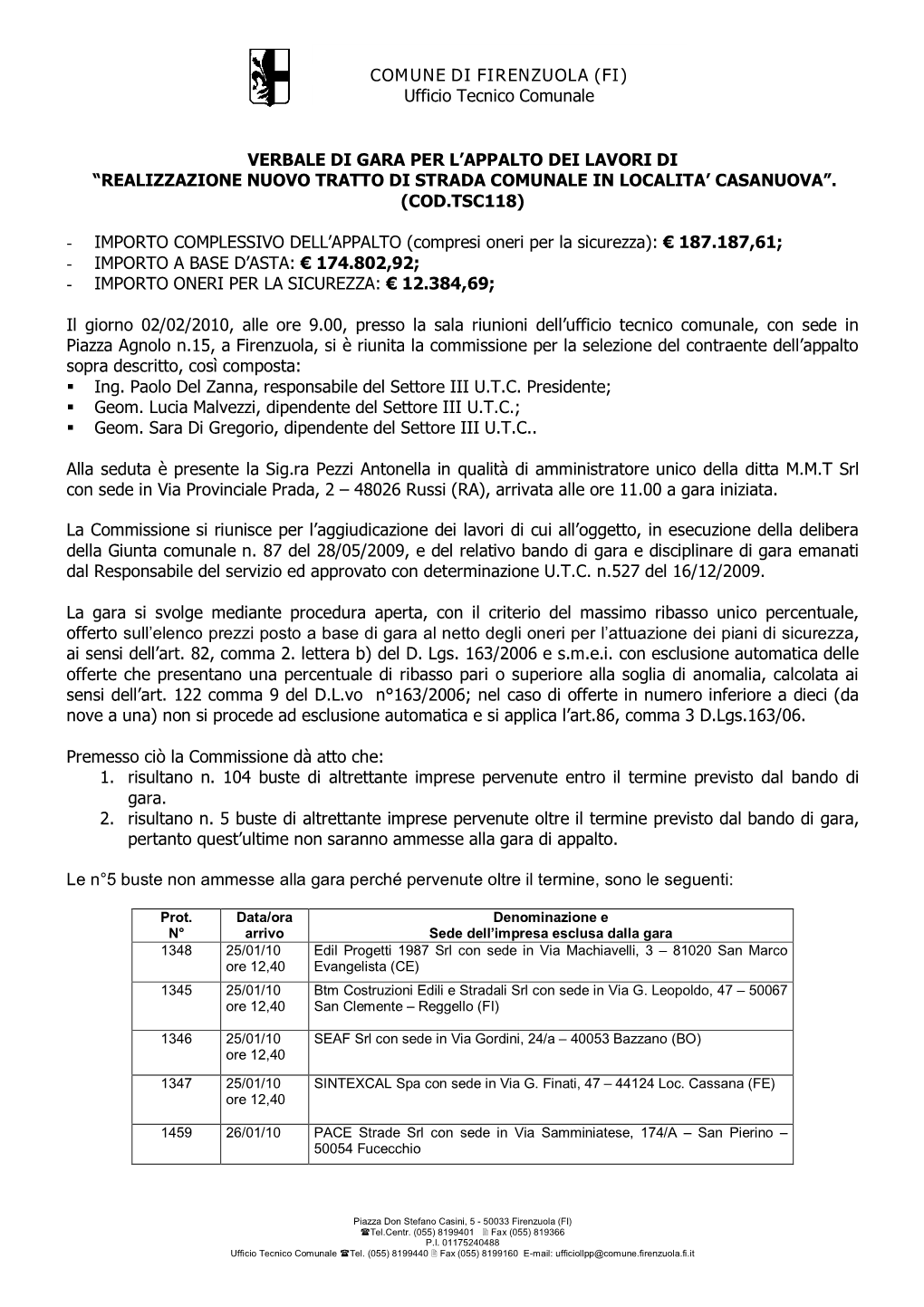 COMUNE DI FIRENZUOLA (FI) Ufficio Tecnico Comunale VERBALE DI