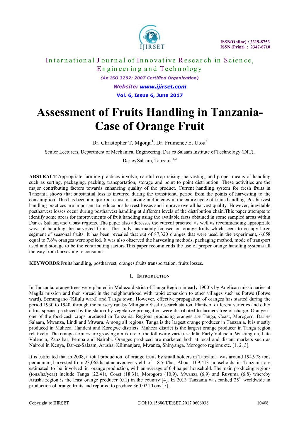 Assessment of Fruits Handling in Tanzania- Case of Orange Fruit