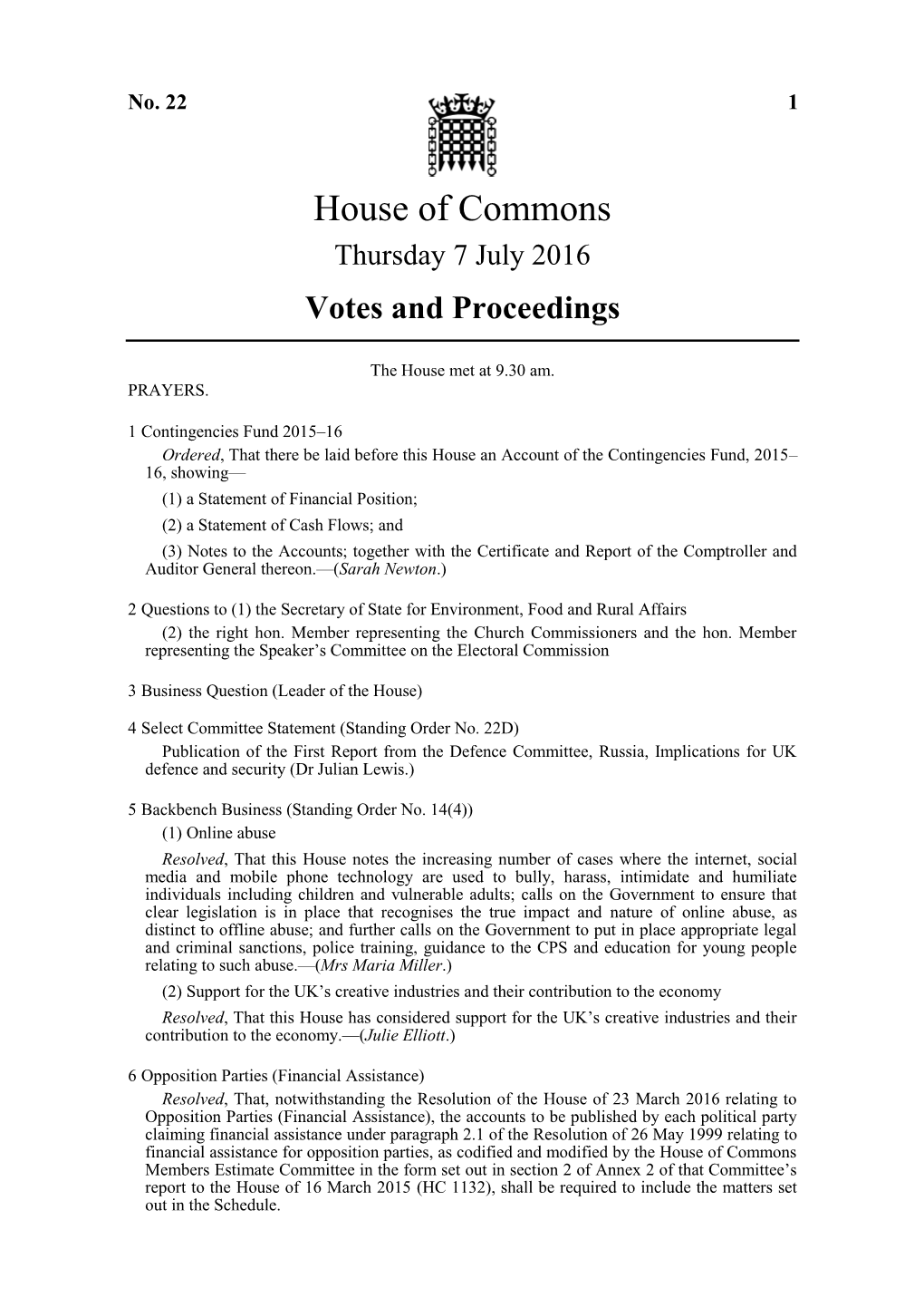 House of Commons Thursday 7 July 2016 Votes and Proceedings