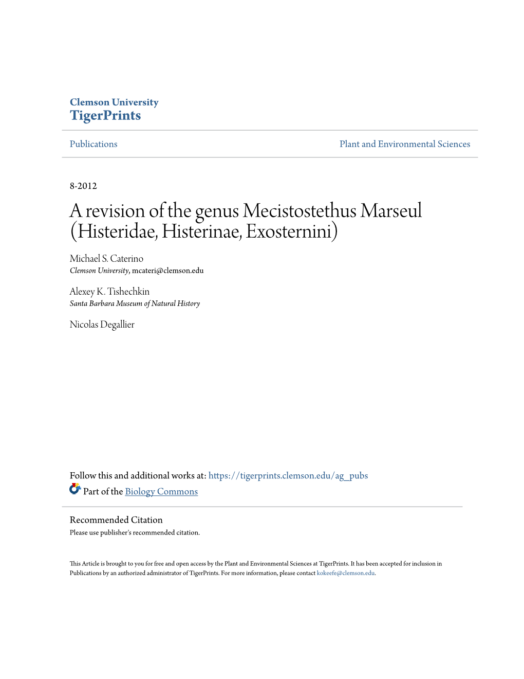 A Revision of the Genus Mecistostethus Marseul (Histeridae, Histerinae, Exosternini) Michael S