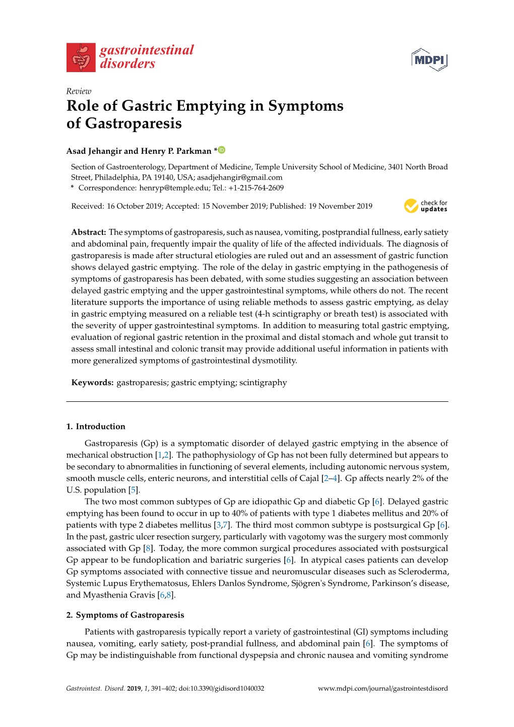 Role of Gastric Emptying in Symptoms of Gastroparesis