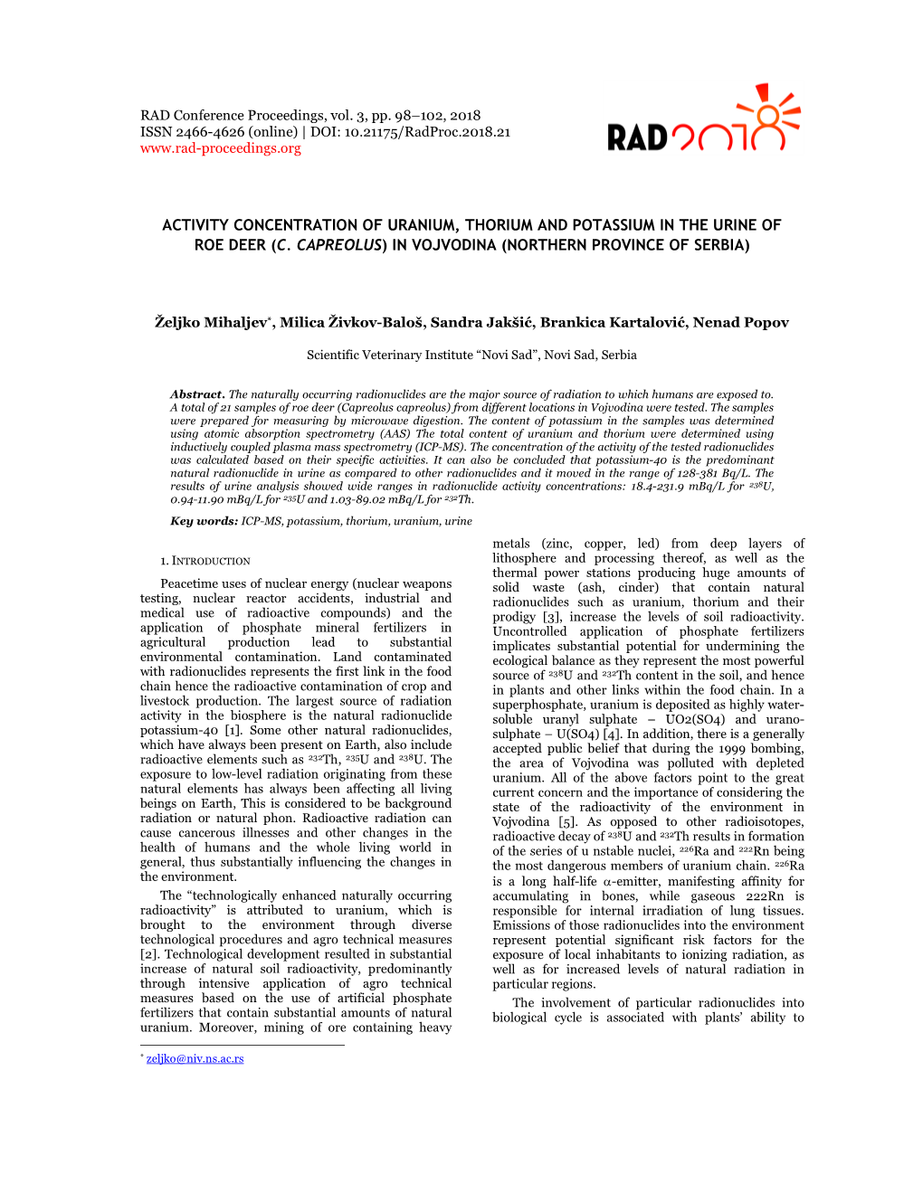 Activity Concentration of Uranium, Thorium and Potassium in the Urine of Roe Deer (C