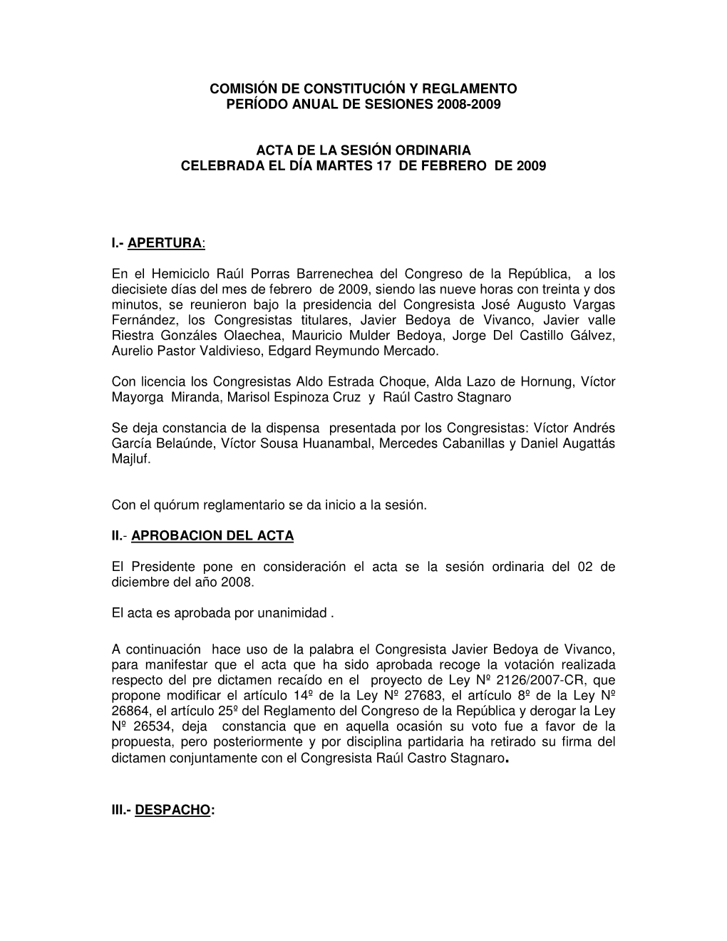 Comisión De Constitución Y Reglamento Período Anual De Sesiones 2008-2009