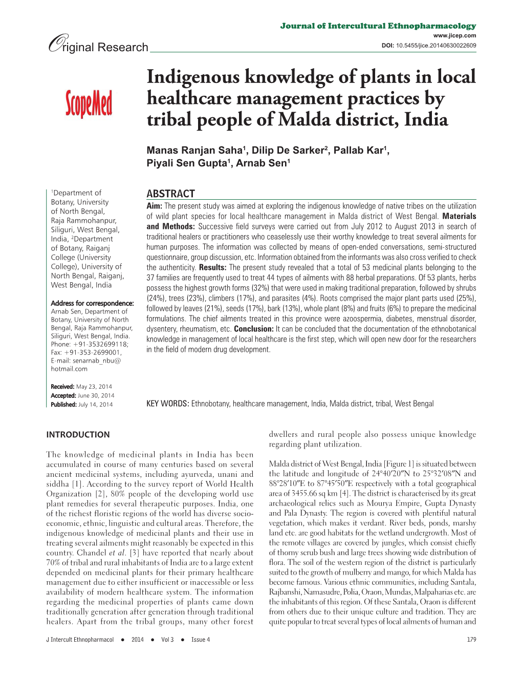 Indigenous Knowledge of Plants in Local Healthcare Management Practices by Tribal People of Malda District, India