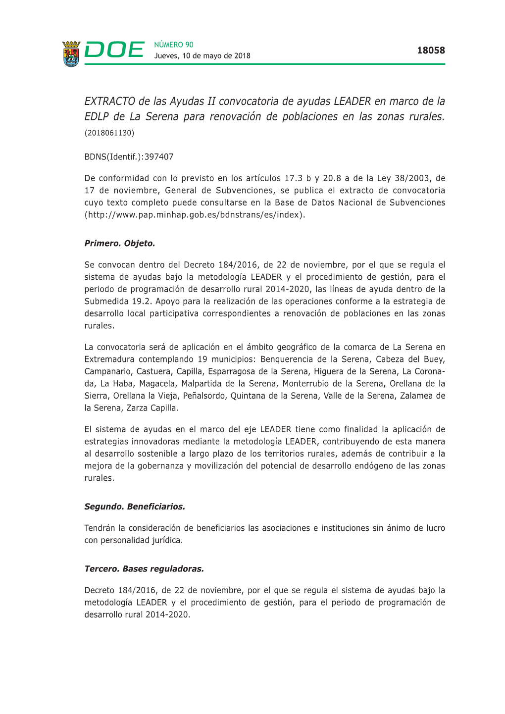 EXTRACTO De Las Ayudas II Convocatoria De Ayudas LEADER En Marco De La EDLP De La Serena Para Renovación De Poblaciones En Las Zonas Rurales