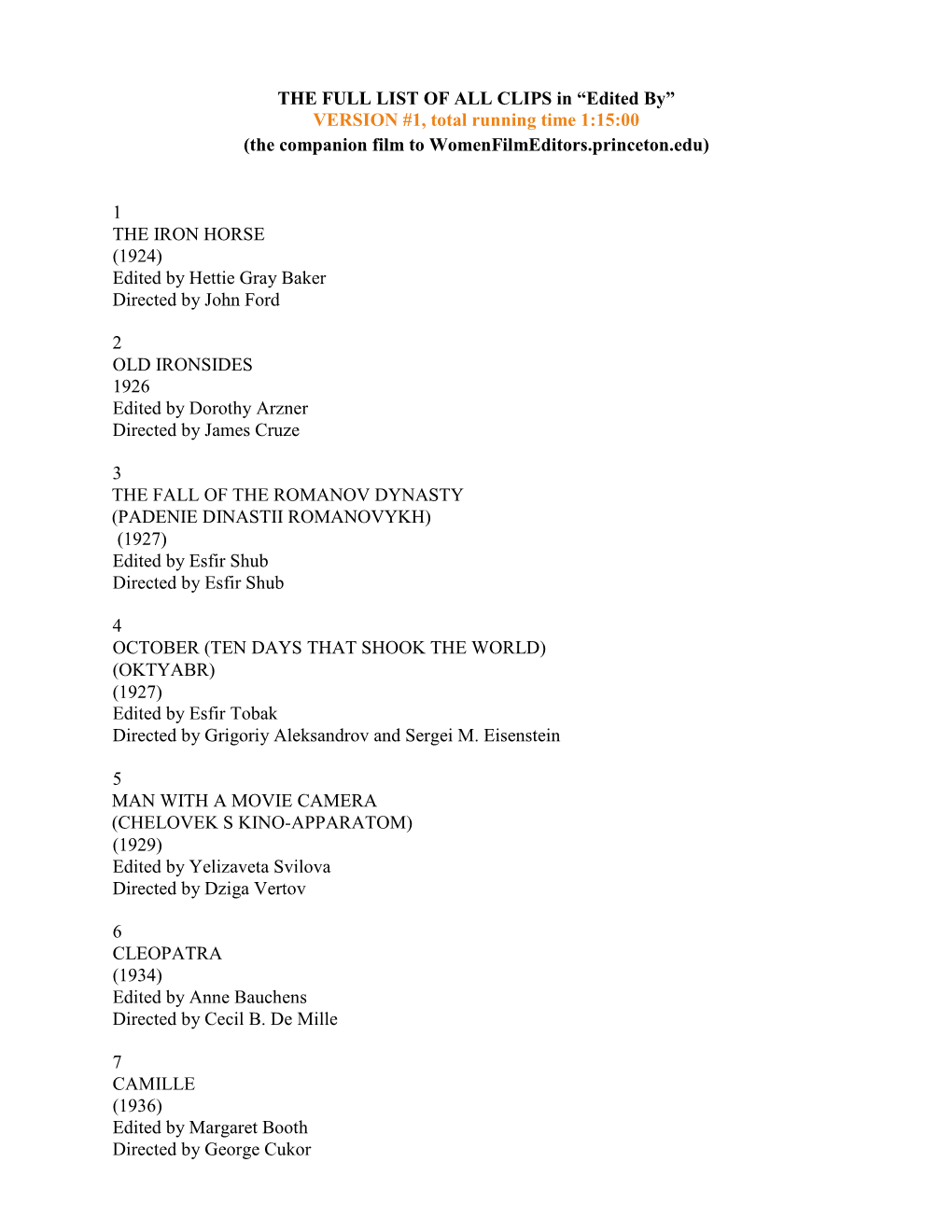 THE FULL LIST of ALL CLIPS in “Edited By” VERSION #1, Total Running Time 1:15:00 (The Companion Film to Womenfilmeditors.Princeton.Edu)