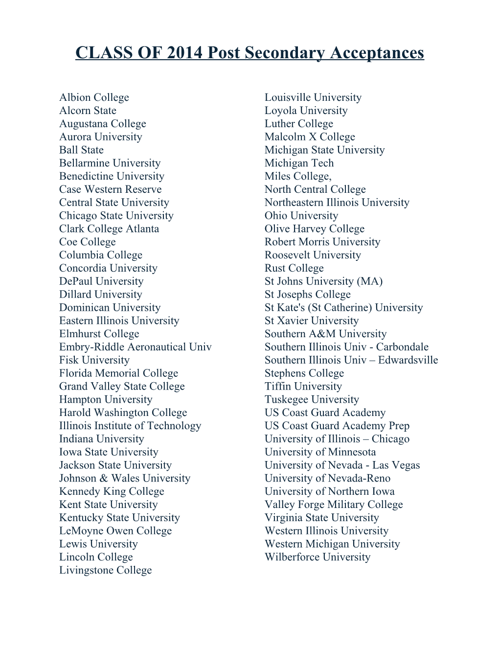 CLASS of 2014 Post Secondary Acceptances