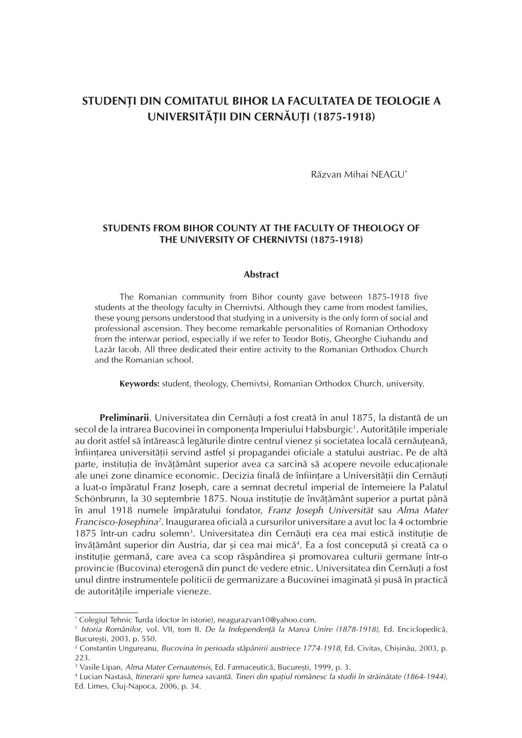 Studenţi Din Comitatul Bihor La Facultatea De Teologie a Universităţii Din Cernăuţi (1875-1918)