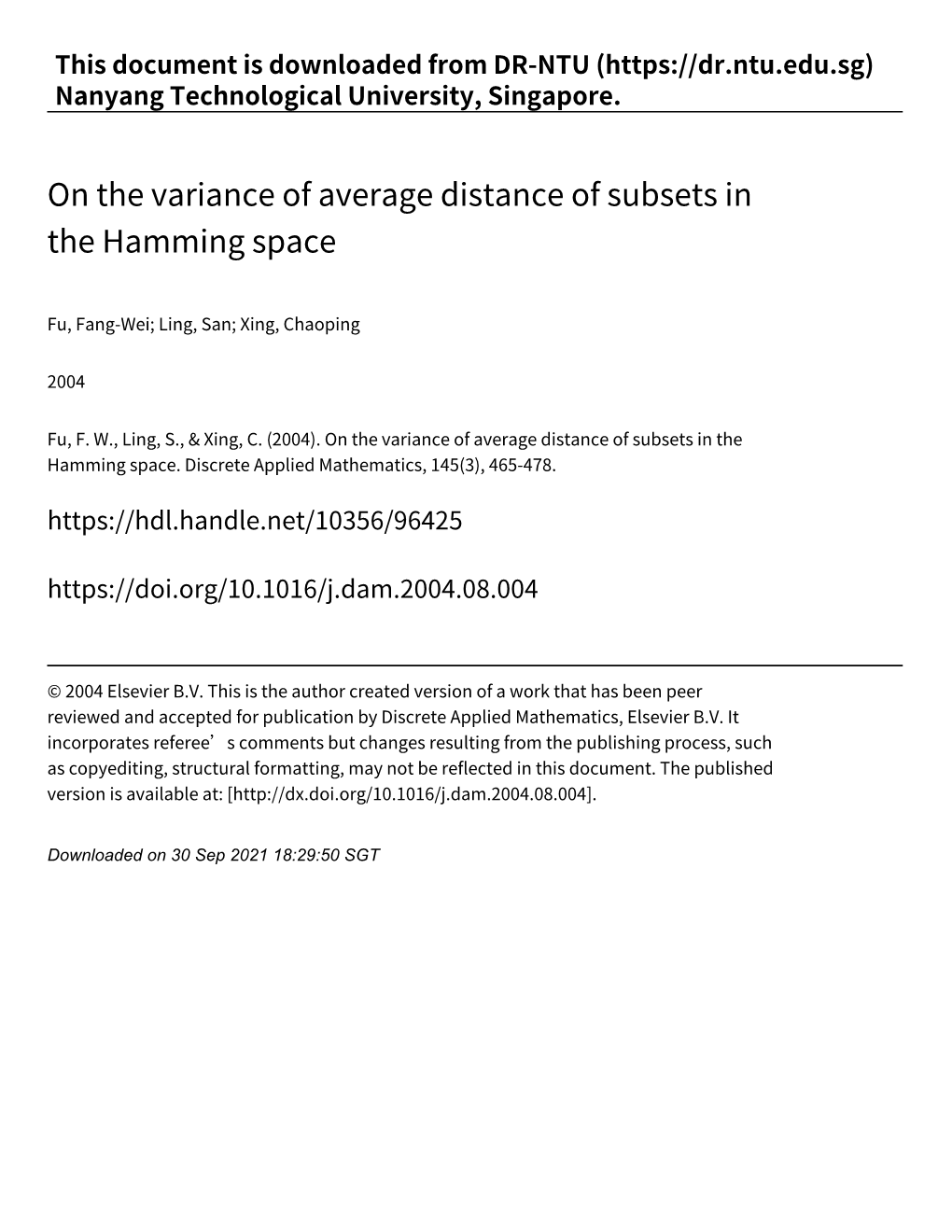 On the Variance of Average Distance of Subsets in the Hamming Space