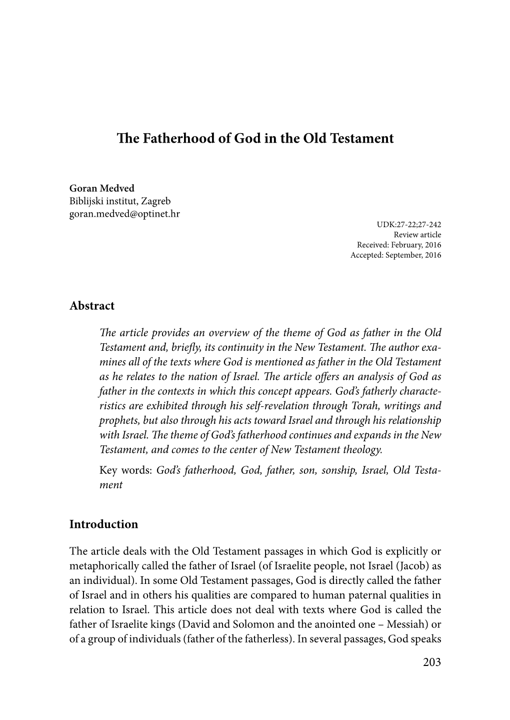 The Fatherhood of God in the Old Testament