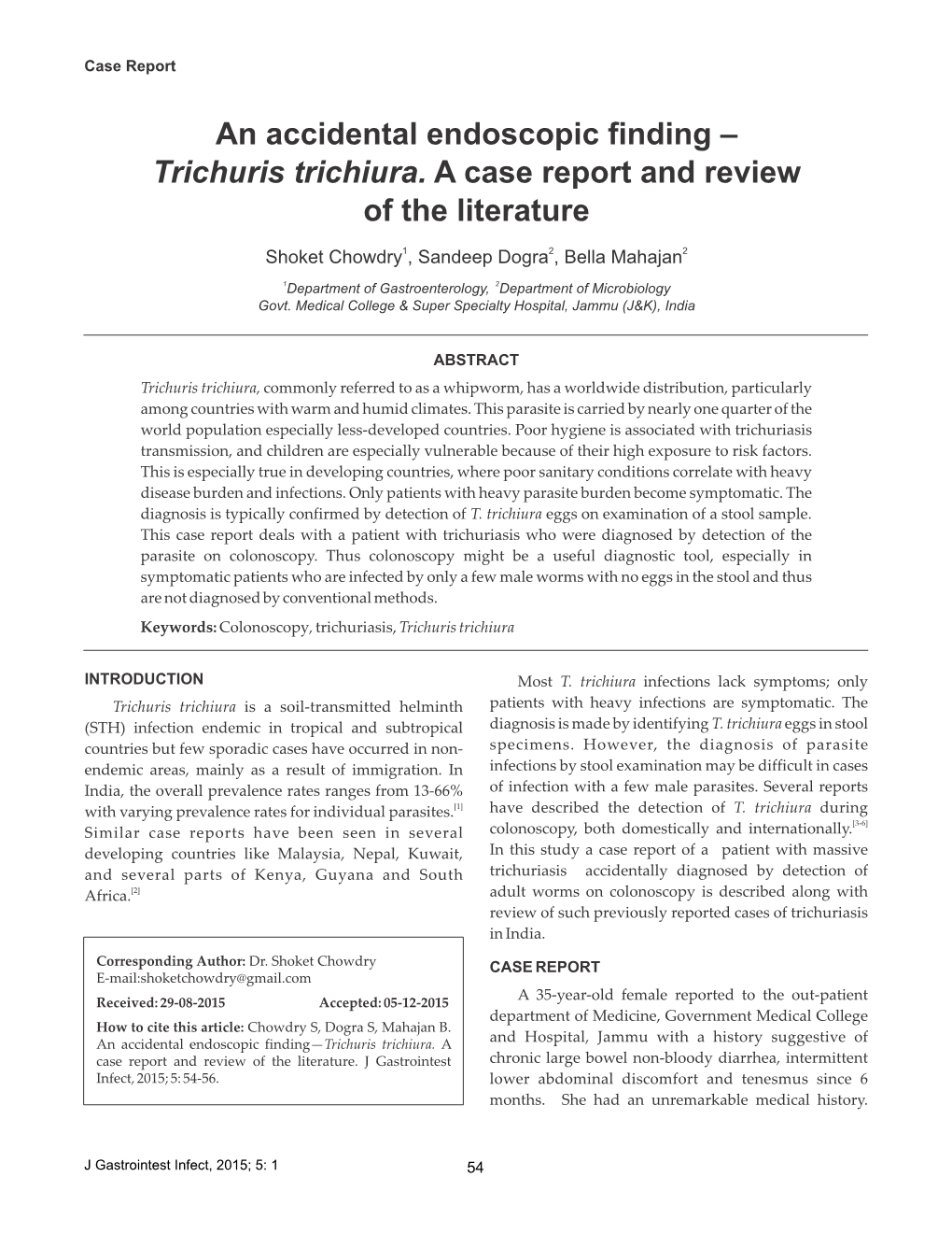 Trichuris Trichiura. a Case Report and Review of the Literature