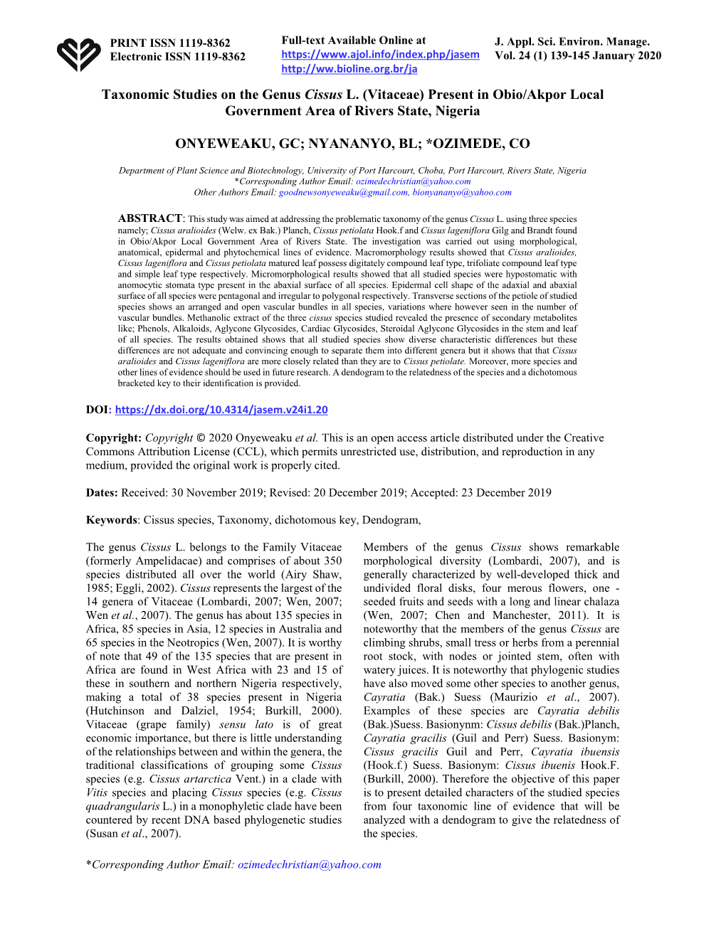 Taxonomic Studies on the Genus Cissus L. (Vitaceae) Present in Obio/Akpor Local Government Area of Rivers State, Nigeria