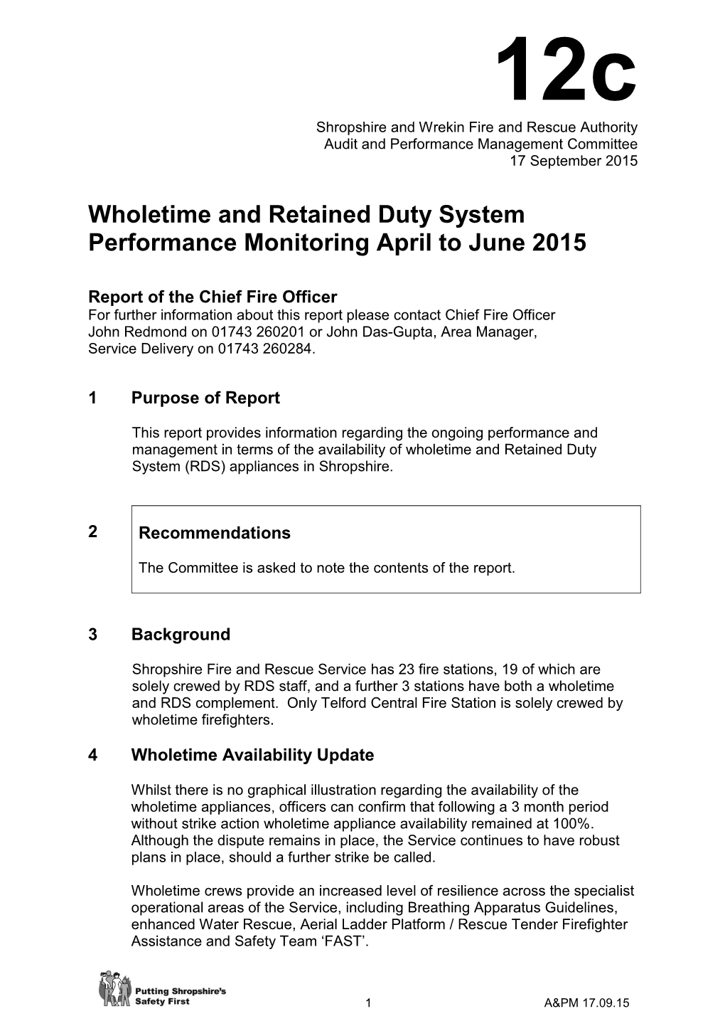Wholetime and Retained Duty System Performance Monitoring April to June 2015