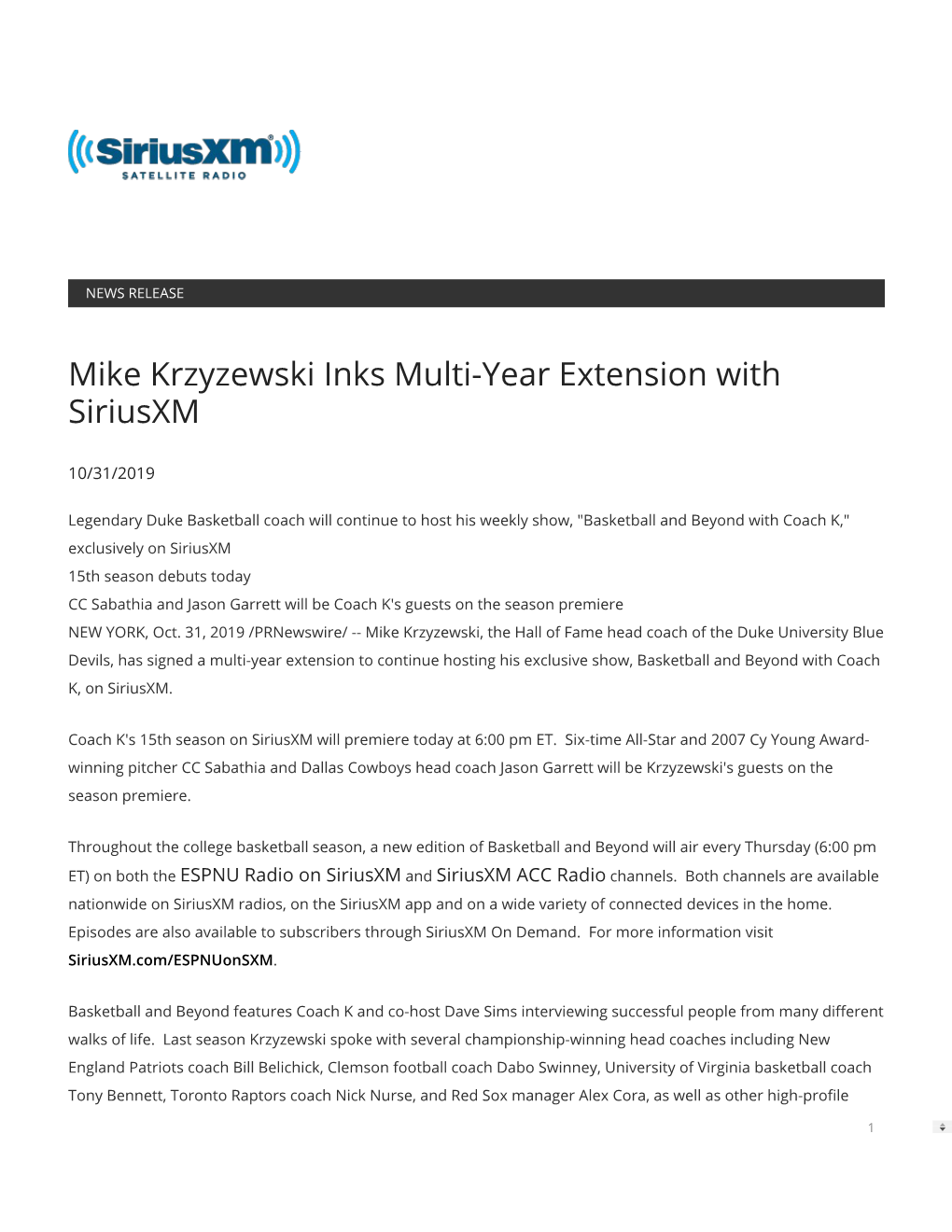 Mike Krzyzewski Inks Multi-Year Extension with Siriusxm
