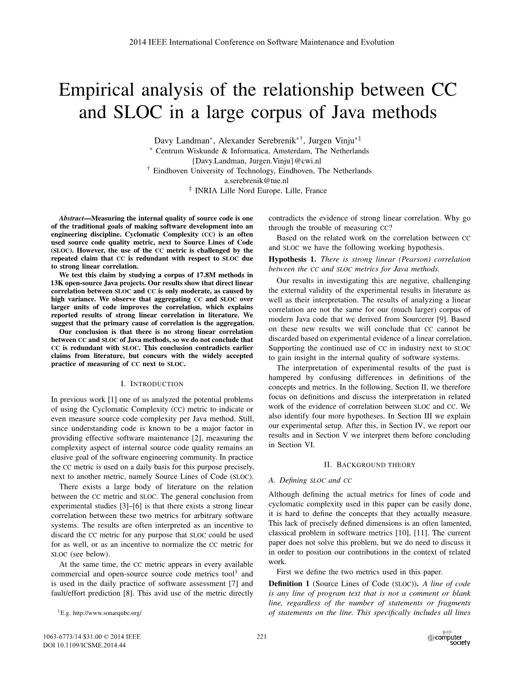 Empirical Analysis of the Relationship Between CC and SLOC in a Large Corpus of Java Methods