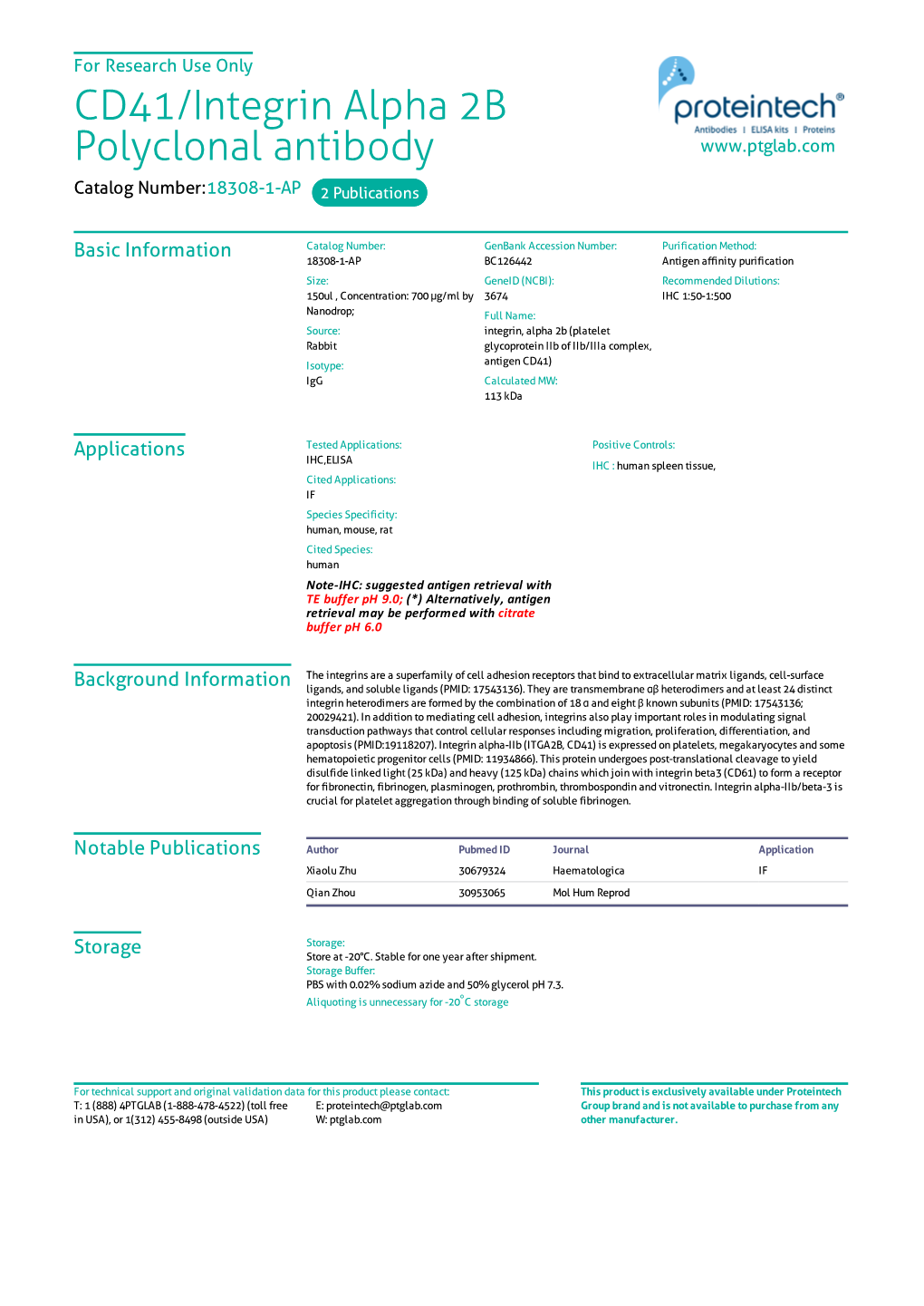 CD41/Integrin Alpha 2B Polyclonal Antibody Catalog Number:18308-1-AP 2 Publications