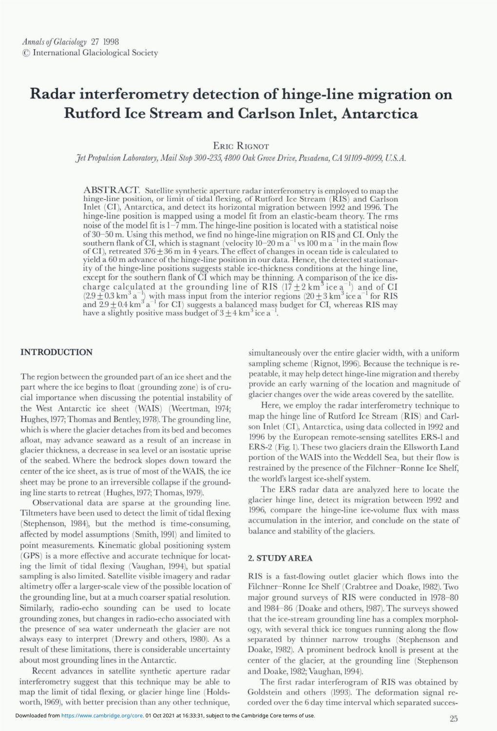 Radar Interferom.Etry Detection of Hinge-Line M.Igration on Rutford Ice Stream. and Carlson Inlet, Antarctica