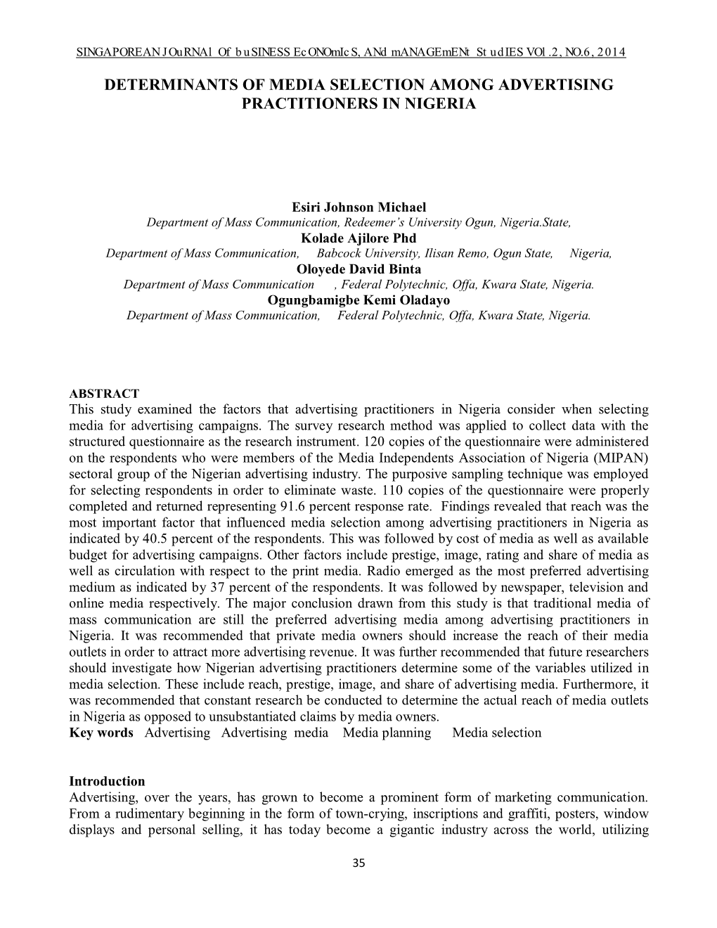 Determinants of Media Selection Among Advertising Practitioners in Nigeria