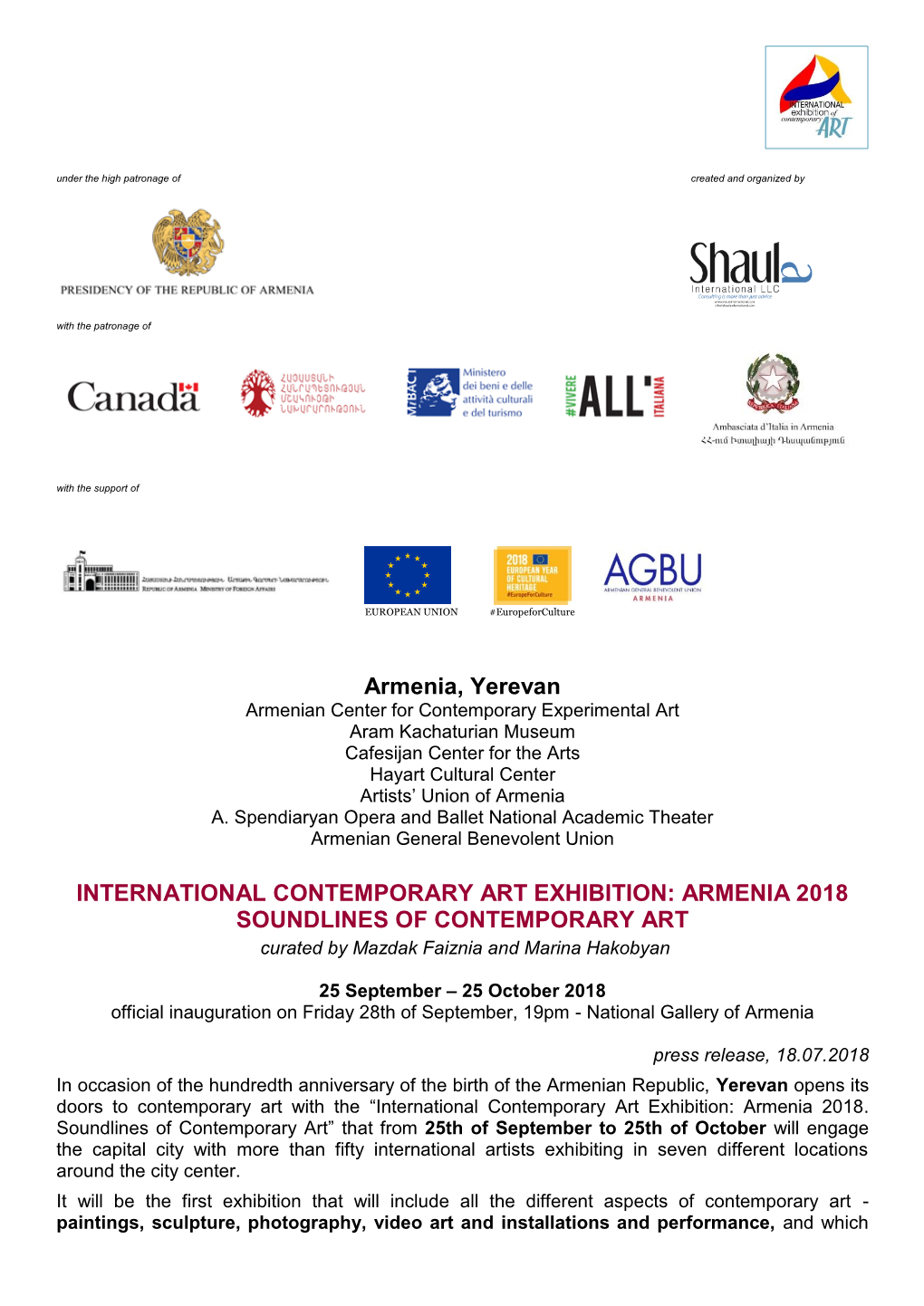 ARMENIA 2018 SOUNDLINES of CONTEMPORARY ART Curated by Mazdak Faiznia and Marina Hakobyan