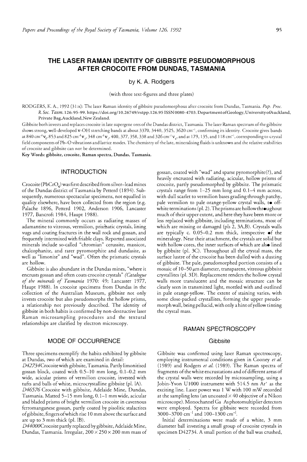 The Laser Raman Identity of Gibbsite Pseudomorphous After Crocoite from Dundas, Tasmania