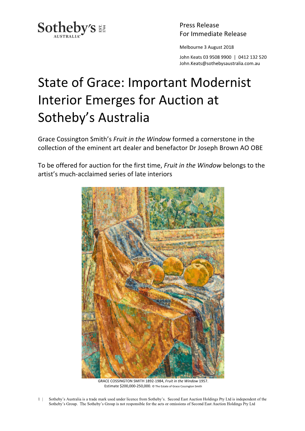 Consigned by the Granddaughter of Dr Joseph Brown AO OBE, Grace