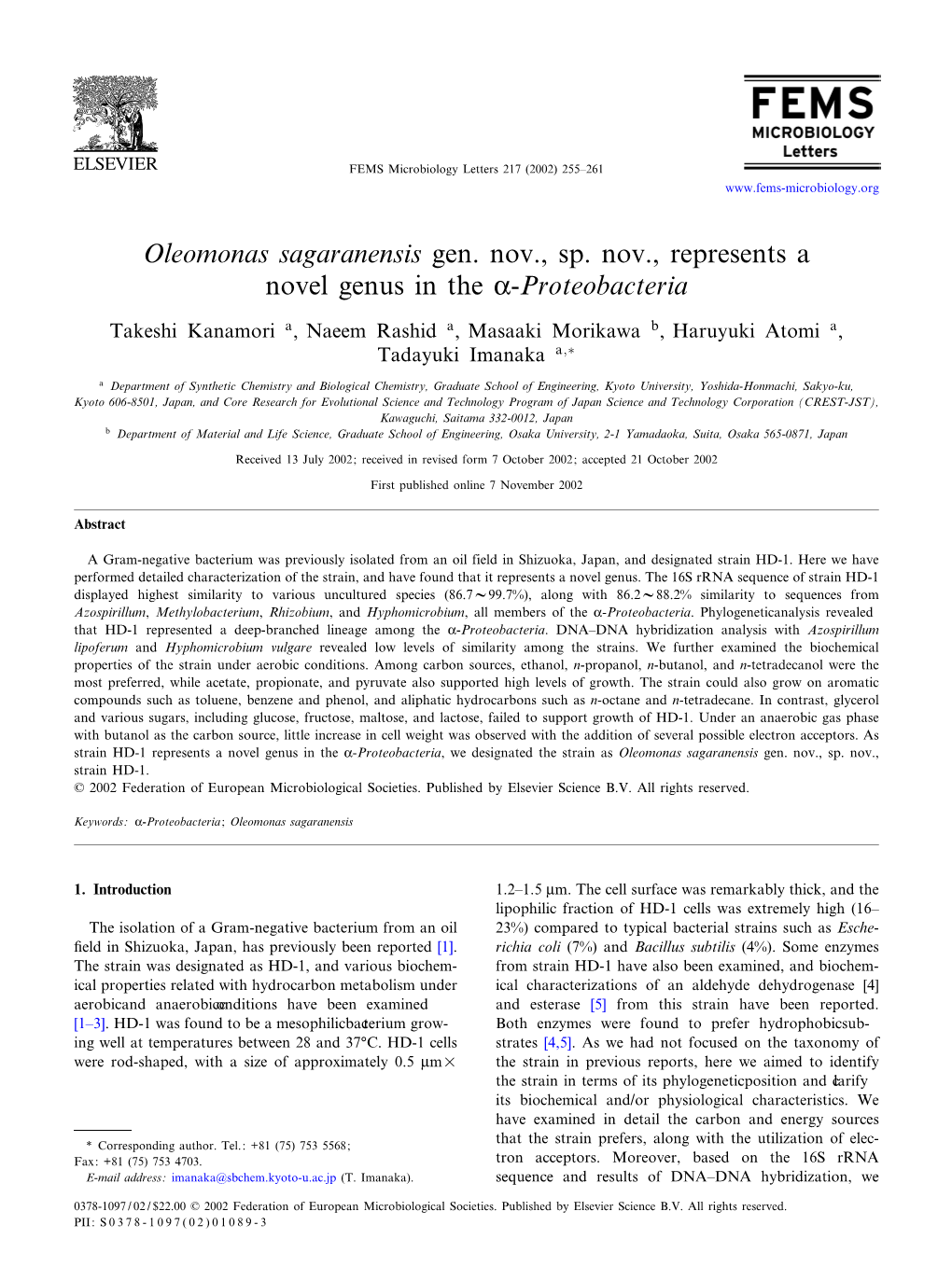 Oleomonas Sagaranensis Gen. Nov., Sp. Nov., Represents a Novel Genus in the K-Proteobacteria