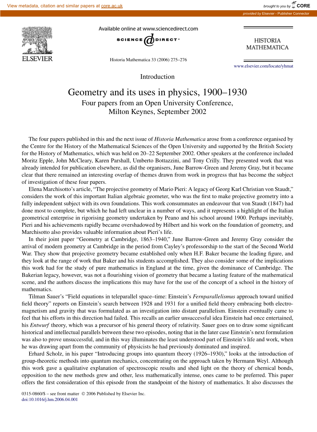 Geometry and Its Uses in Physics, 1900–1930 Four Papers from an Open University Conference, Milton Keynes, September 2002