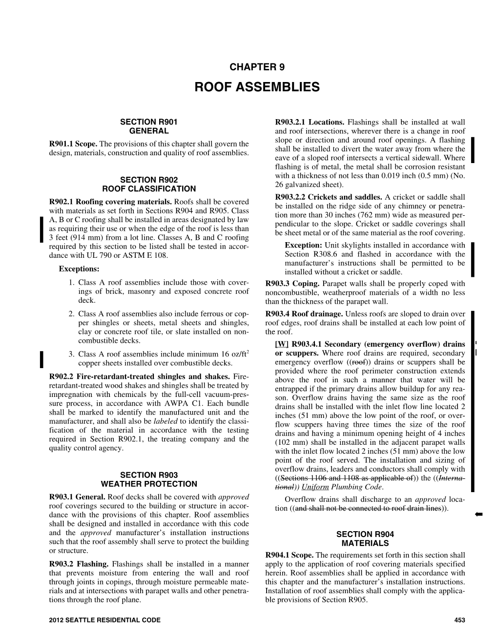 2012 Seattle Residential Code, Chapter 9 Roof Assemblies