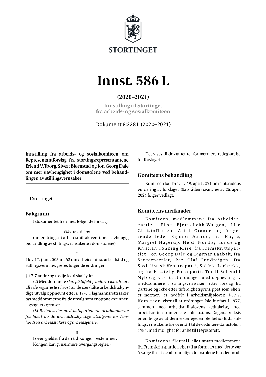 Innst. 586 L (2020–2021) Innstilling Til Stortinget Fra Arbeids- Og Sosialkomiteen