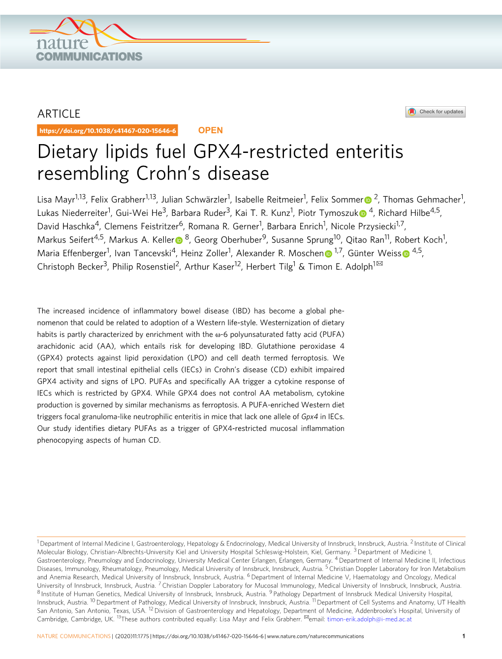 Dietary Lipids Fuel GPX4-Restricted Enteritis Resembling Crohnâ€™S