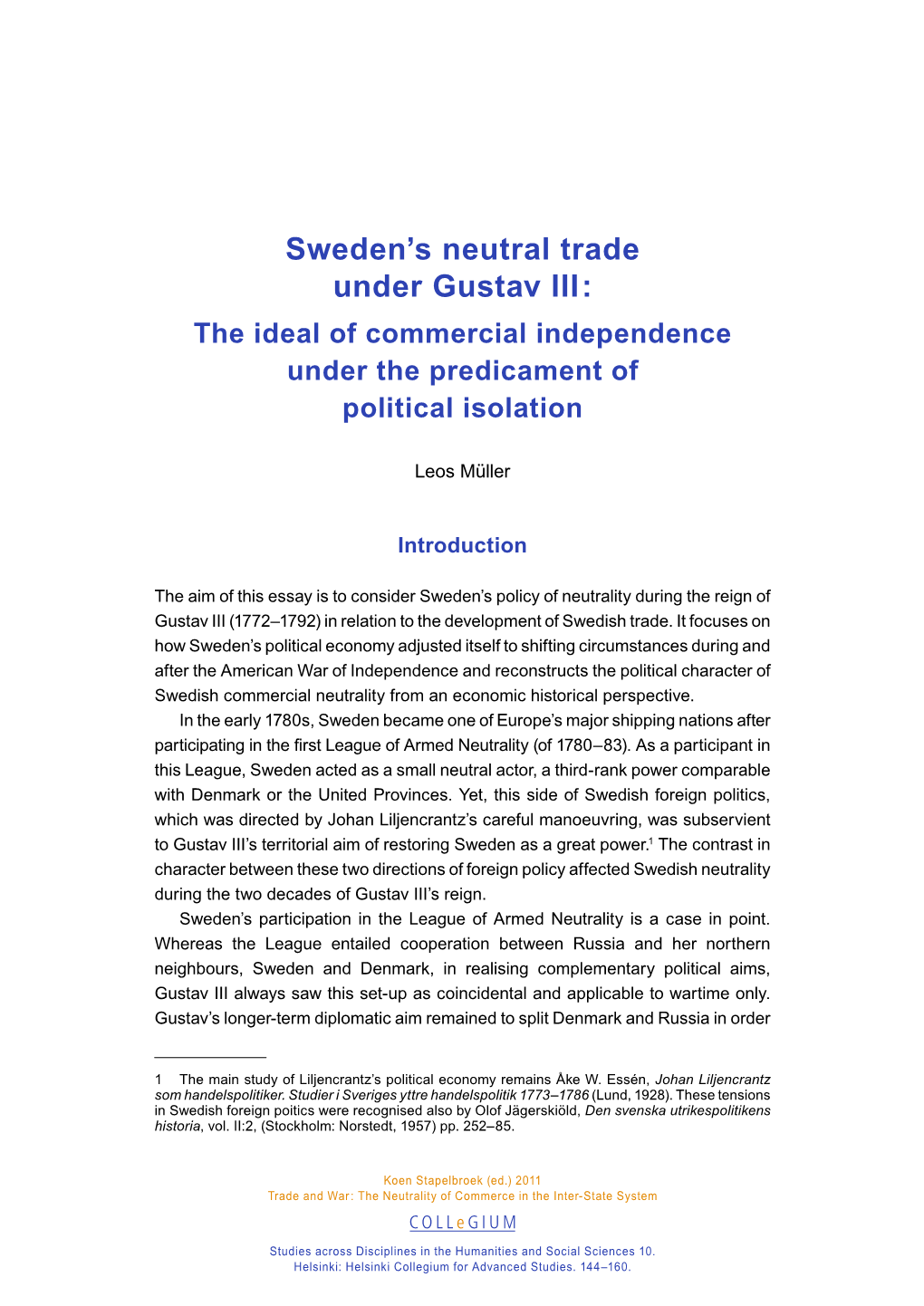 Sweden's Neutral Trade Under Gustav III