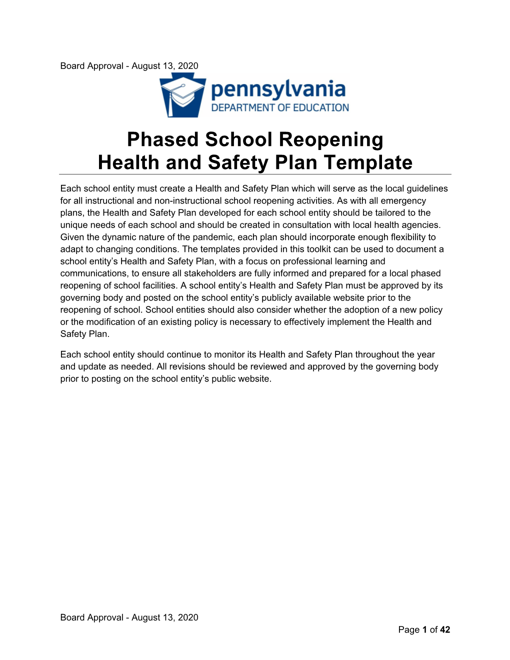 Phased School Reopening Health and Safety Plan Template