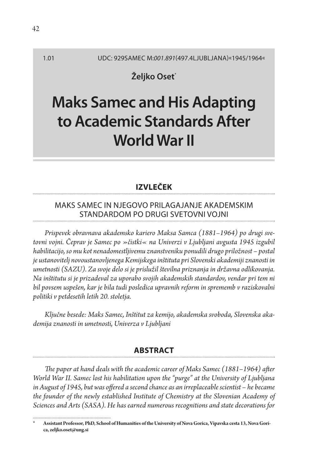 Maks Samec and His Adapting to Academic Standards After World War II