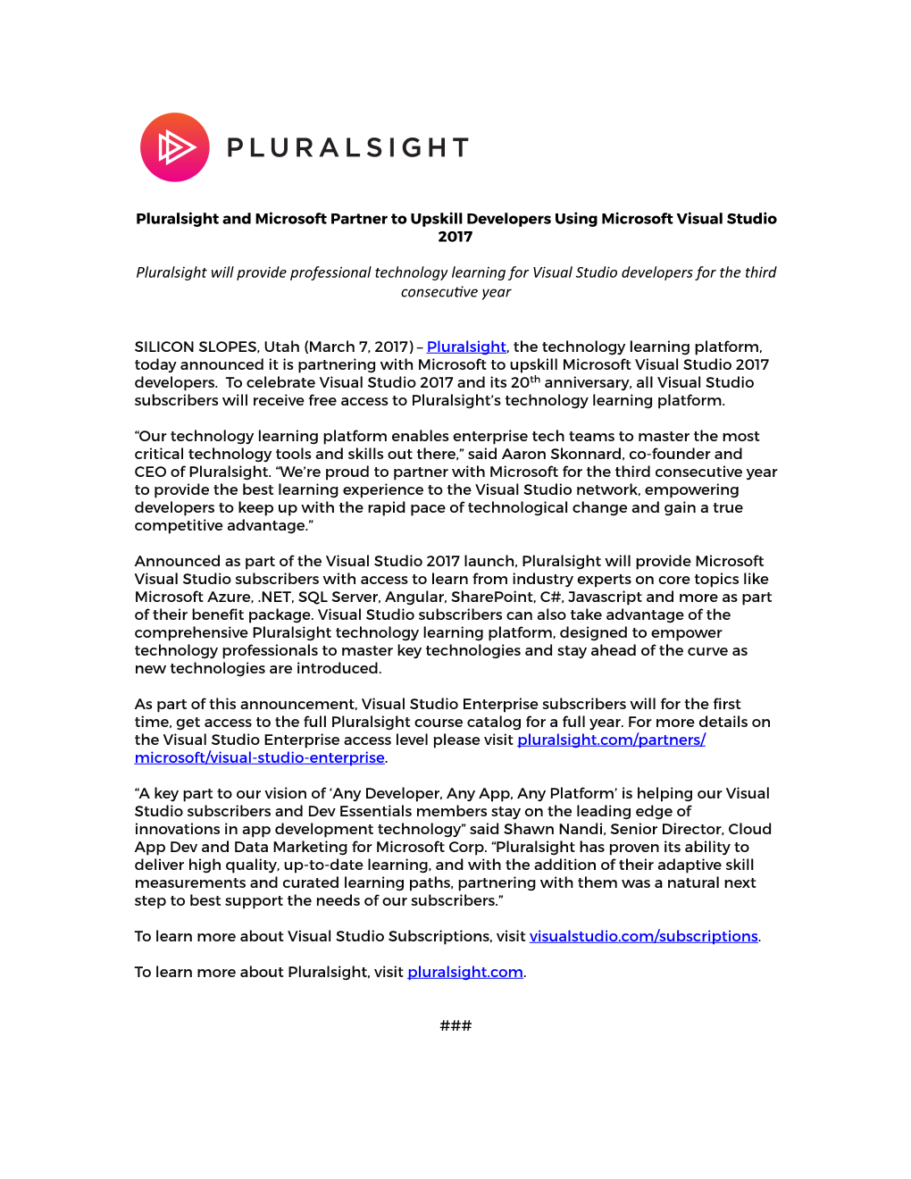 Pluralsight Will Provide Professional Technology Learning for Visual Studio Developers for the Third Consecu8ve Year