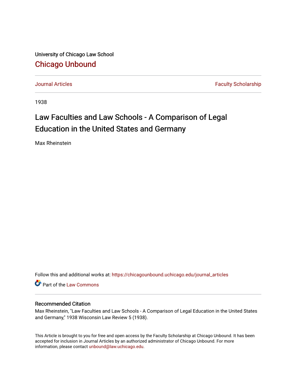 Law Faculties and Law Schools - a Comparison of Legal Education in the United States and Germany